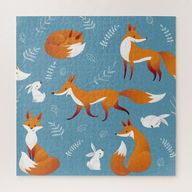 Winter foxes, rabbits, vintage pattern. jigsaw puzzle (Vertical)