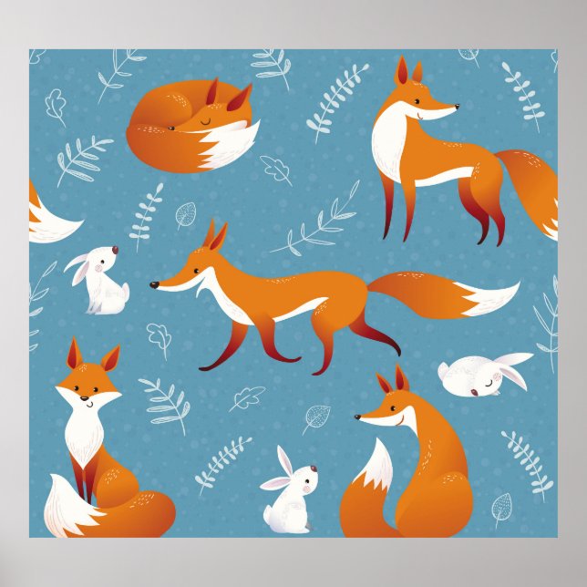 Winter foxes, rabbits, vintage pattern. poster (Front)
