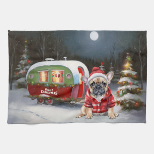 Winter French Bulldog Caravan Christmas Adventure  Tea Towel
