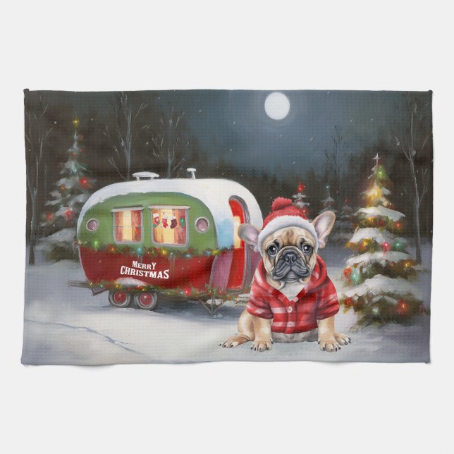 Winter French Bulldog Caravan Christmas Adventure  Tea Towel (Horizontal)