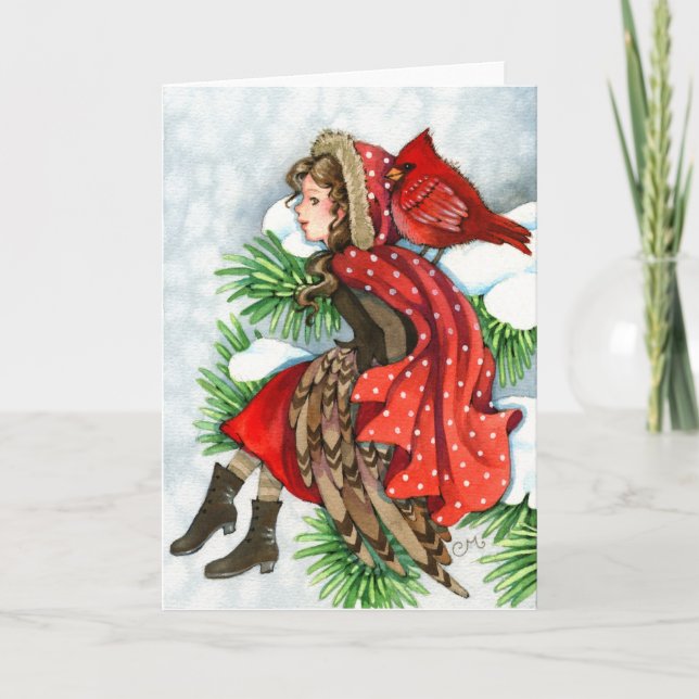 Winter Friends - Cardinal Bird Girl Greeting Card (Front)