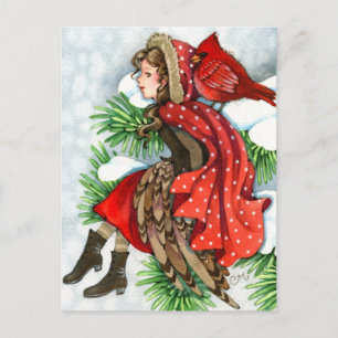 Winter Friends - Cardinal Bird Girl Postcards