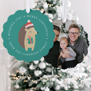 Winter Friends Hedgehog Photo Holiday Tree Decoration Card