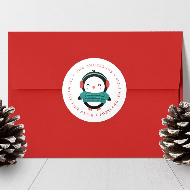 Winter Friends Penguin Holiday Return Address Classic Round Sticker (Creator Uploaded)