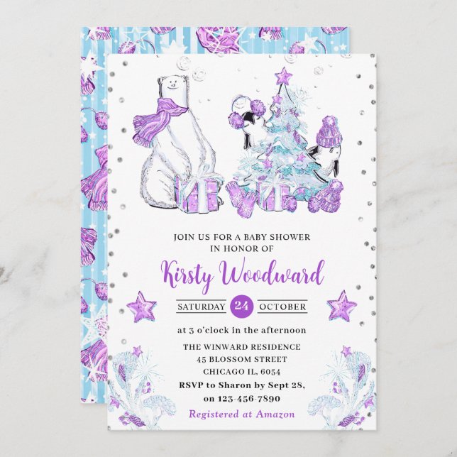 Winter Friends Polar Bear & Penguins Baby Shower Invitation (Front/Back)