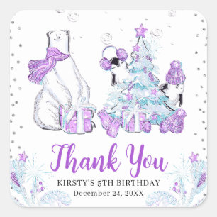 Winter Friends Polar Bear & Penguins Birthdayr Square Sticker