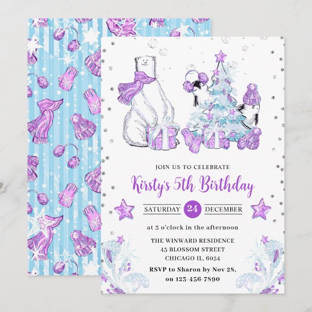 Winter Friends Polar Bear & Penguins Kids Birthday Invitation (Front/Back)
