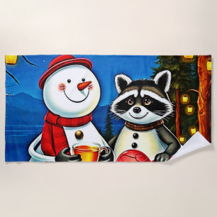 Winter Friends: Snowman & Raccoon Joy Design Beach Towel