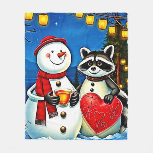 Winter Friends: Snowman & Raccoon Joy Design  Fleece Blanket