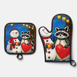 Winter Friends: Snowman & Raccoon Joy Design Oven Mitt & Pot Holder Set