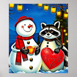 Winter Friends: Snowman & Raccoon Joy Design  Poster
