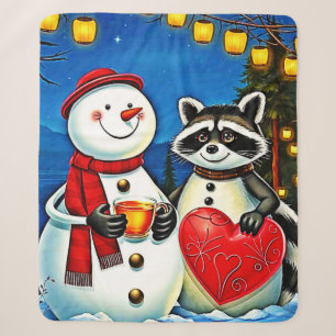 Winter Friends: Snowman & Raccoon Joy Design Sherpa Blanket