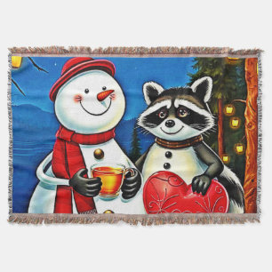 Winter Friends: Snowman & Raccoon Joy Design Throw Blanket