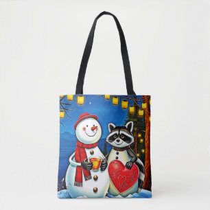 Winter Friends: Snowman & Raccoon Joy Design Tote Bag