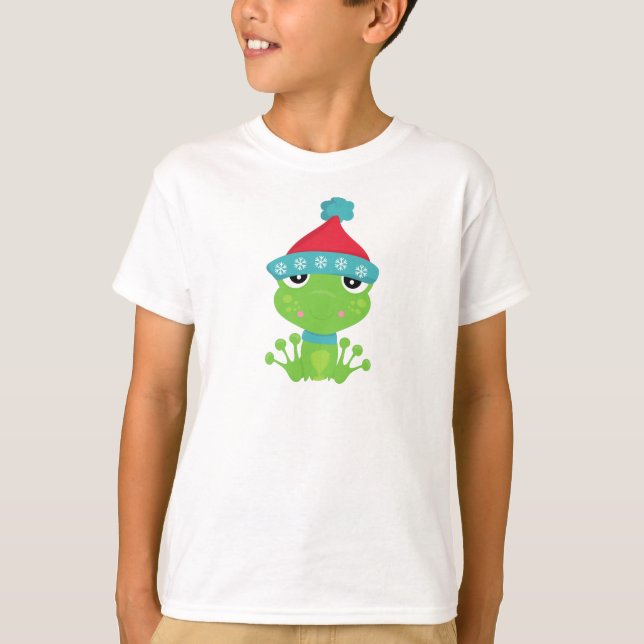 Winter Frog, Cute Frog, Green Frog, Scarf, Hat T-Shirt (Front)