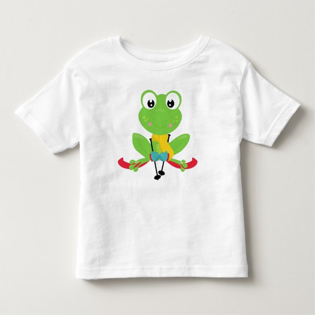 Winter Frog, Cute Frog, Green Frog, Skis, Skiing Toddler T-Shirt (Front)