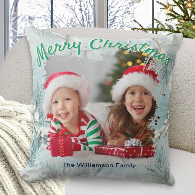Winter Frost Custom Photo Christmas Throw Pillow (A festive pillow with an elegant winter frost design, personalized with a photo and text)
