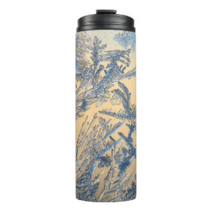 Winter frost on glass blue gold ice crystal  thermal tumbler