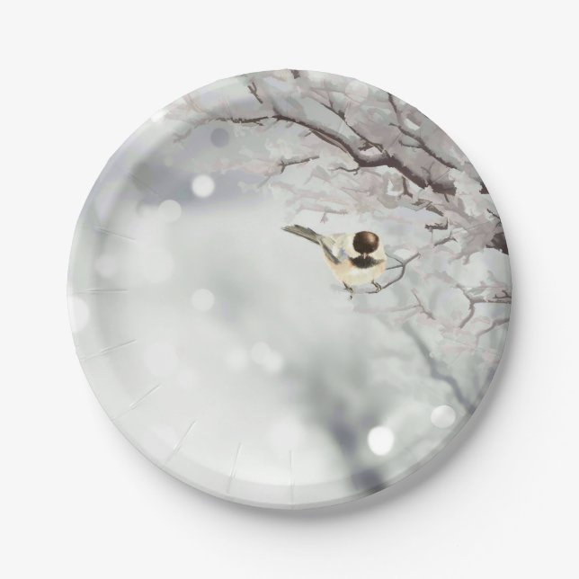 Winter Frosty Tree Chickadee Bird art Paper Plate (Front)