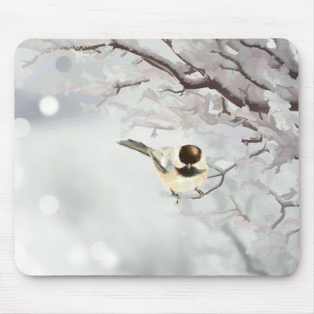 Winter Frosty Tree Chickadee Bird Custom Name Mouse Pad (Front)