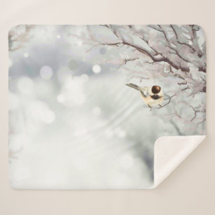 Winter Frosty Tree Chickadee Bird Fleece Blanket