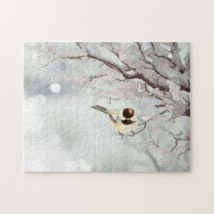 Winter Frosty Tree Chickadee Bird Jigsaw Puzzle