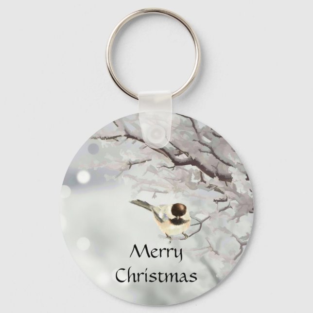 Winter Frosty Tree Chickadee Bird  Key Ring (Front)