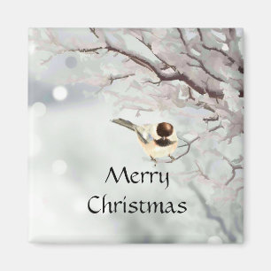 Winter Frosty Tree Chickadee Bird   Magnet