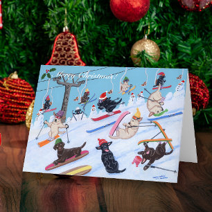 Winter Fun Christmas Skiing Labrador Painting Holiday Card