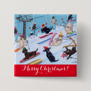 Winter Fun Christmas Skiing Labradors Painting 15 Cm Square Badge