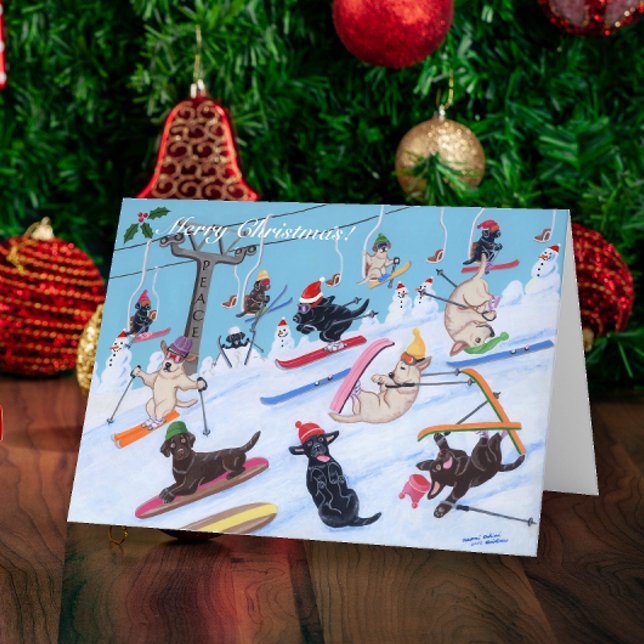 Winter Fun Christmas Skiing Labradors Painting Holiday Card (Winter Fun Christmas Skiing Labradors Painting Design Christmas Cards for Labrador Owners.)