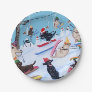 Winter Fun Christmas Skiing Labradors Paper Plate