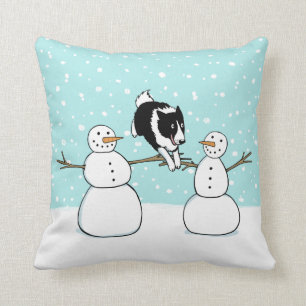 Winter Fun Holiday Border Collie Dog with Snowmen Cushion