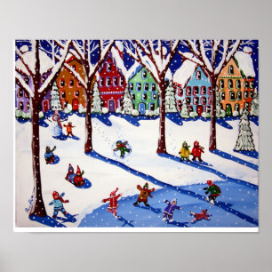 Winter Fun Ice Skate Sled Ride Folk Art Print