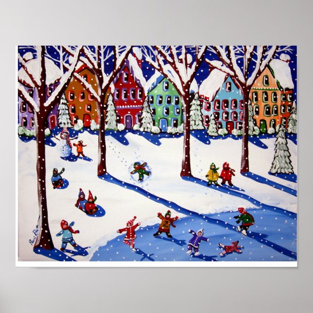 Winter Fun Ice Skate Sled Ride Folk Art Print (Front)
