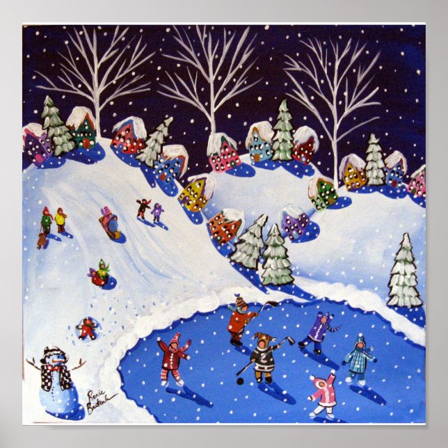 Winter Fun Ice Skaters Kids Sled Folk Art Poster (Front)