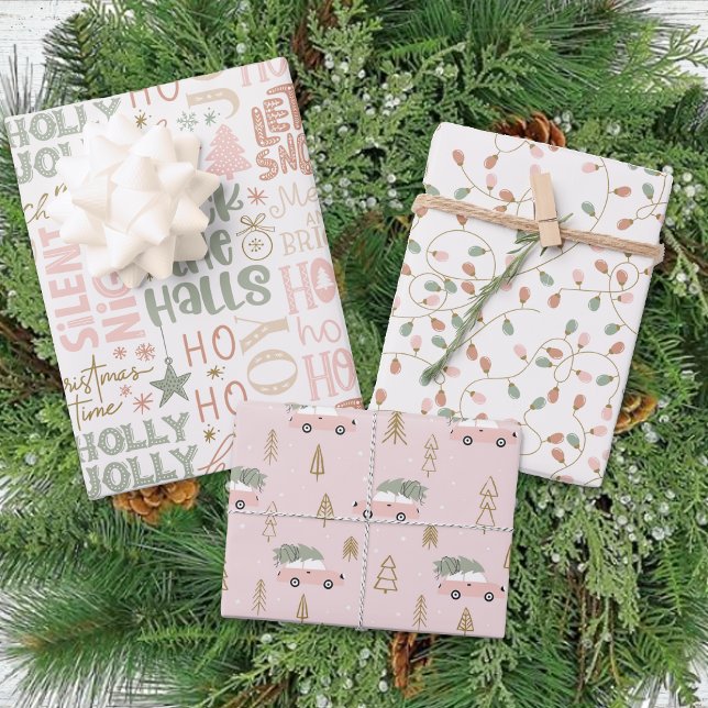 Winter Fun Pink Green Pastel Holly Jolly Christmas Wrapping Paper Sheet (Creator Uploaded)