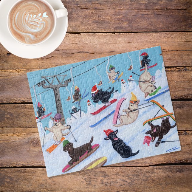 Winter Fun Skiing Christmas Labradors Jigsaw Puzzle (Winter Fun Skiing Christmas Labradors Jigsaw Puzzle featuring Labs in action.  Christmas style.)