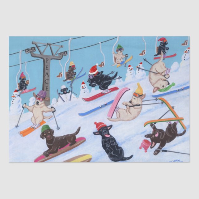 Winter Fun Skiing Christmas Labradors Tissue Paper (Front)