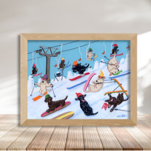 Winter Fun Skiing Labradors Artwork Poster