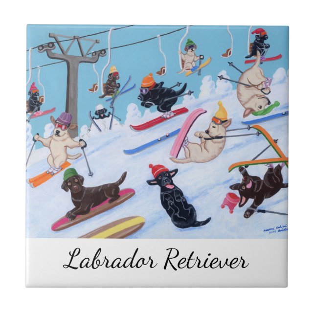 Winter Fun Skiing Labradors Ceramic Tile (Front)