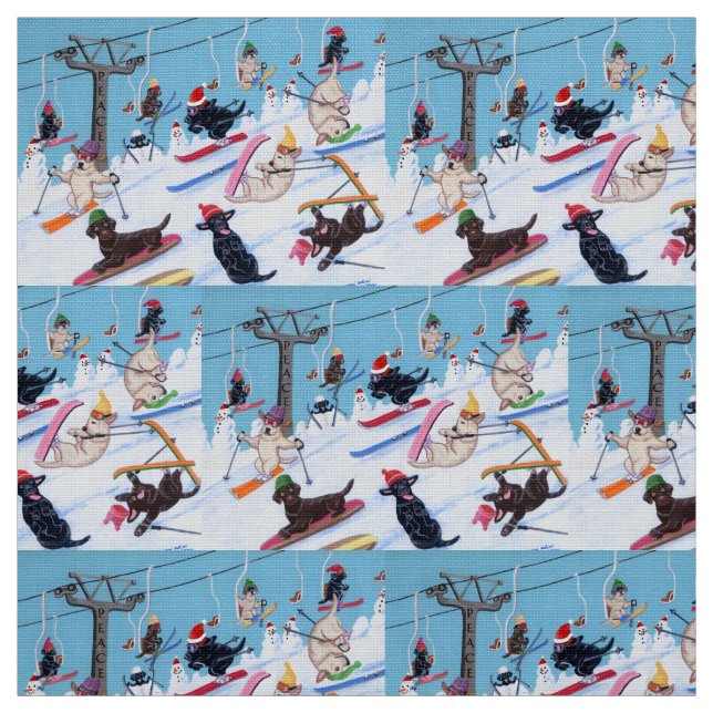 Winter Fun Skiing Labradors Fabric (Swatch)
