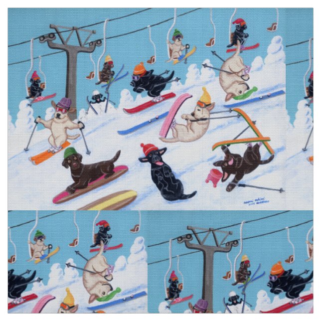 Winter Fun Skiing Labradors Fabric (Swatch)