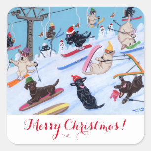 Winter Fun Skiing Labradors Painting Square Sticker