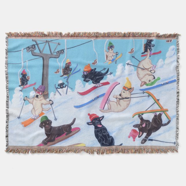 Winter Fun Skiing Labradors Throw Blanket (Front)