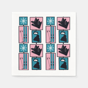Winter fun. Skis and accessories on a snowy day. Napkin