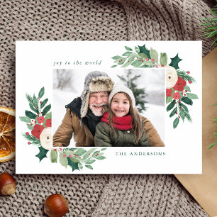 Winter Garden Red Floral and Greenery Photo Holiday Card