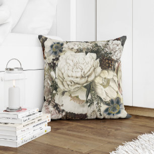 Winter garden white and grey vintage botanical cushion
