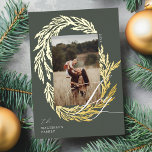 Winter Garland Wreath Joy Script Photo & Monogram Foil Holiday Card<br><div class="desc">Embrace the joy of the holiday season with our winter garland Christmas foil holiday card. Our personalised cards feature our hand-drawn winter garland wreath design with your photo, family signature, and monogram in a festive and elegant crest on the back of the card. Spread the love and cheer this winter...</div>