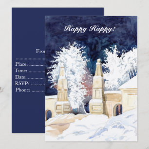 Winter gate at night watercolor invitation